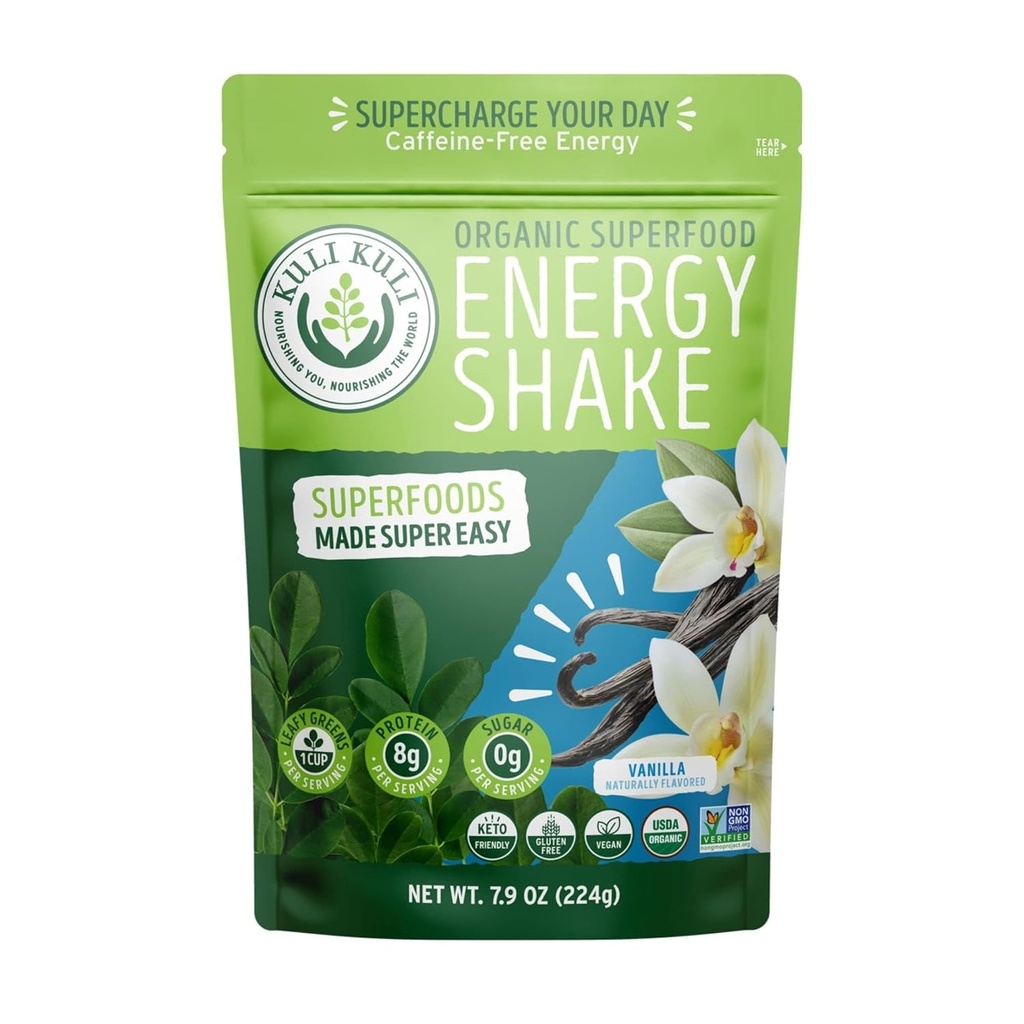Kuli Kuli Organic Moringa Green Smoothie Mix - Plant- Based Superfood Protein Smoothie Mix, Vanilla, 7.9 Ounce Pouch, Vegan a Gluten-Free with 8g Pea Protein and 1 Cup Greens Per Serving