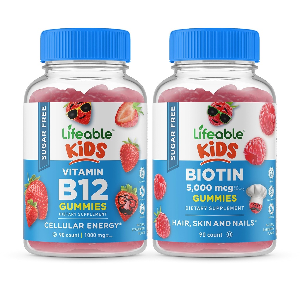 Živý cukr zdarma vitamín B12 Děti + Preciotické Vláknité děti, Gummies Bundle - Velký Ochutnávka, vitamin dodatek, gluten zdarma, GMO zdarma, Žvýkací žlab