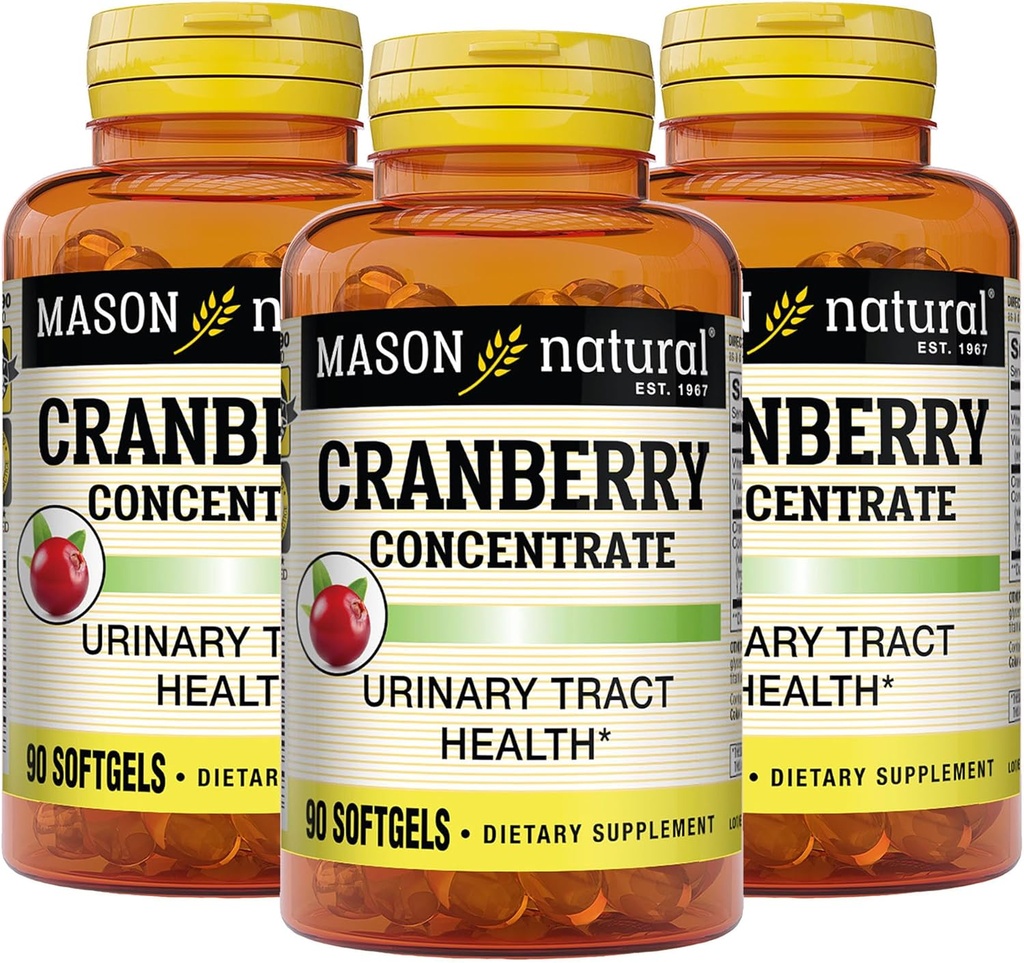 MASON NATURAL Cranberry 12: 1 Koncentrát s vitaminem C & E, podporuje imunitní a močové zdraví, 90 kapslí, balení po 3 ks