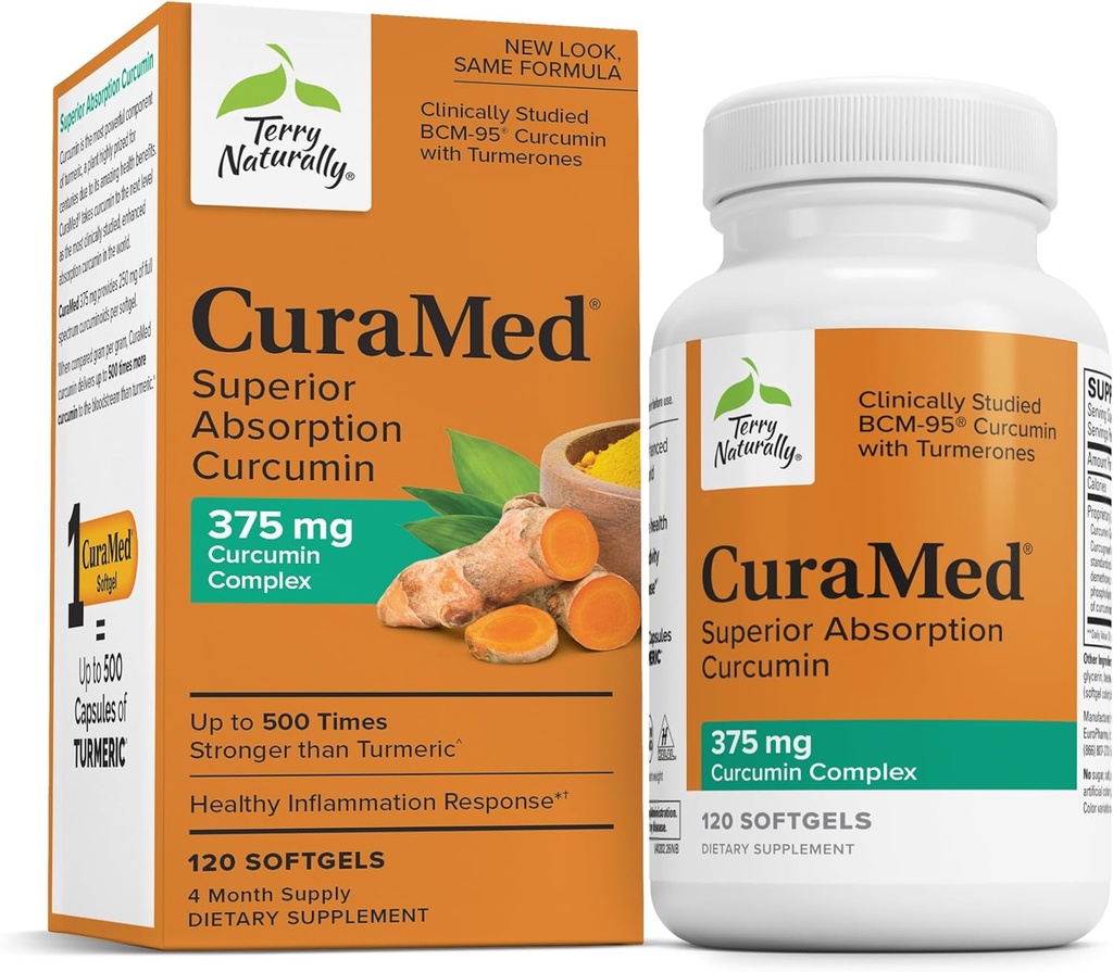 Terry Přirozeně CuraMed 375mg - Antioxidant Supplement for Brain & Imunitary Health Support - Dietní dodatek s kurkuminovým a kurkuminovým esenciálním olejem - Herbal Játra Support - 120 Softgels