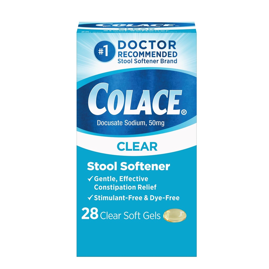 Colace Clear Stool Softener Soft Gel Kapsle Zácpa Relief 50mg Docusát Sodík Doktor Doporučený 28ct