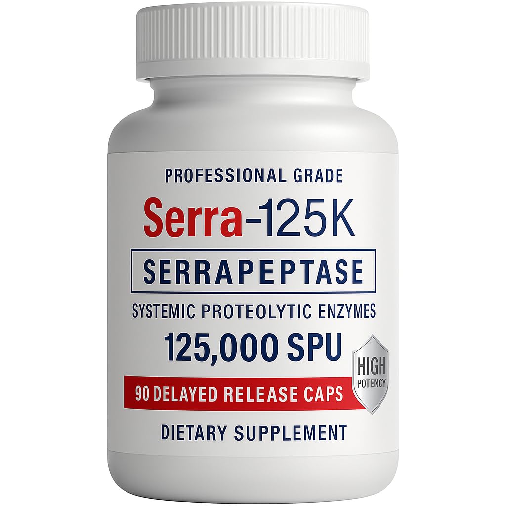 Serra- 125k Extra síla Serrapeptáza 125 000 SPU, 90 Vegan Kapsle, opožděné uvolnění, systémové enzymy, podporuje zdravé sinusové a zdravý imunitní systém, Non- GMO a All- přírodní
