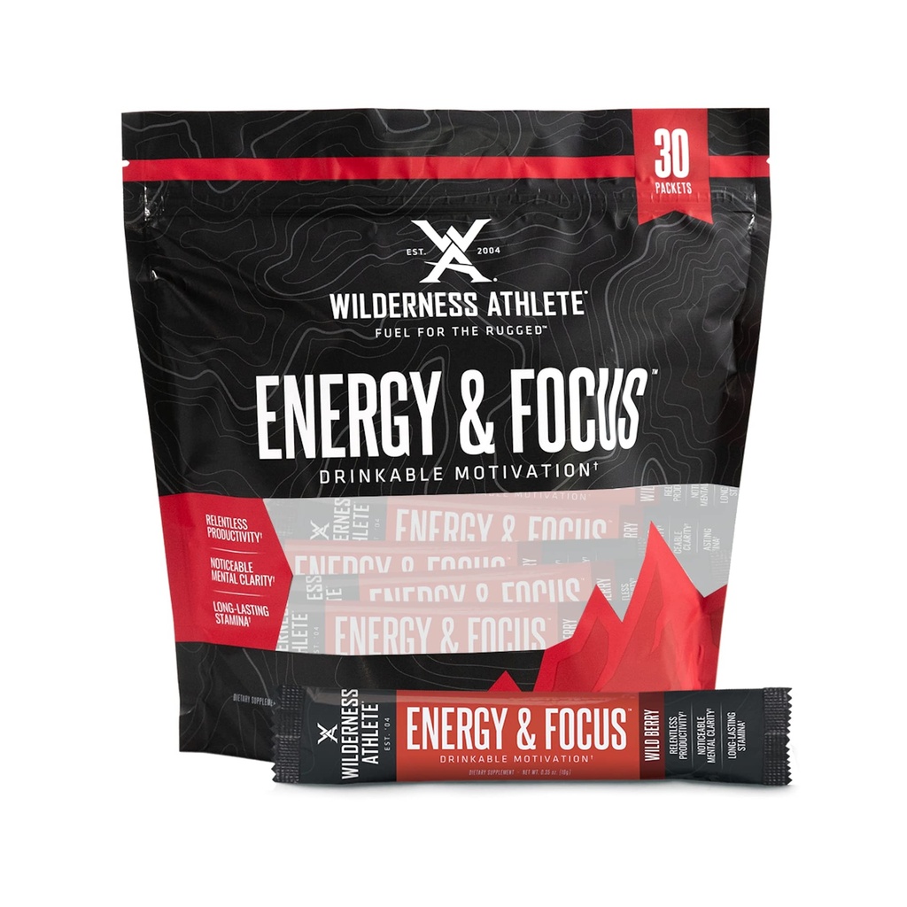 Wilderness Athlet - Energy & Focus Official 124; Energy Booster for Women & Men - Energy Drink Mix with Natural Caffeine - Low- Carb, Zero Sugar Energy Drink Powder - 30 Serving Energy Drink Packets (Wild Berry)
