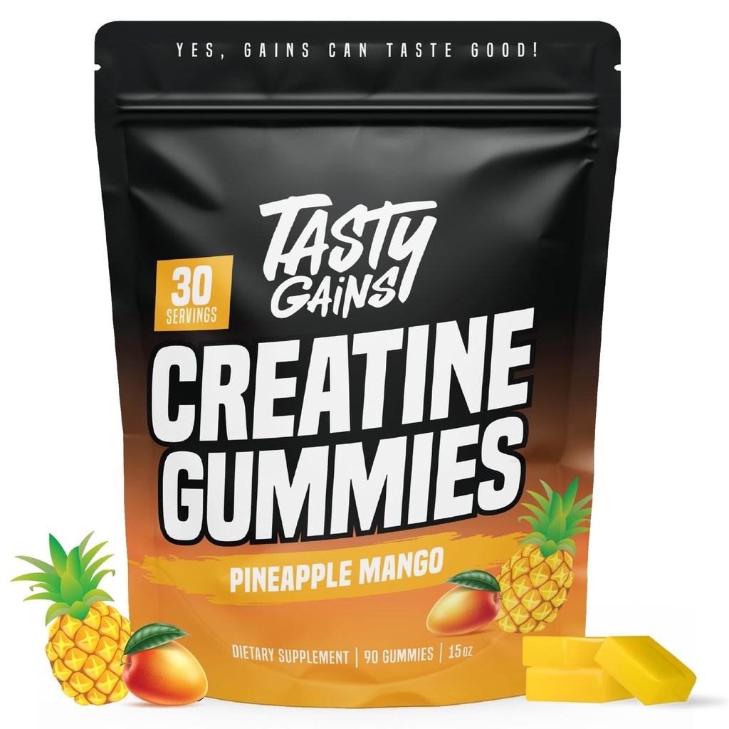 TASTY GAINS Creatine Gummies - 90g Creatine Monohydrátu - Cvičení doplňky - Build Muscle & Boost Strength for Men & Women - Made in USA - Non GMO - Vegan Friendly (Velké, Ananasové Mango)