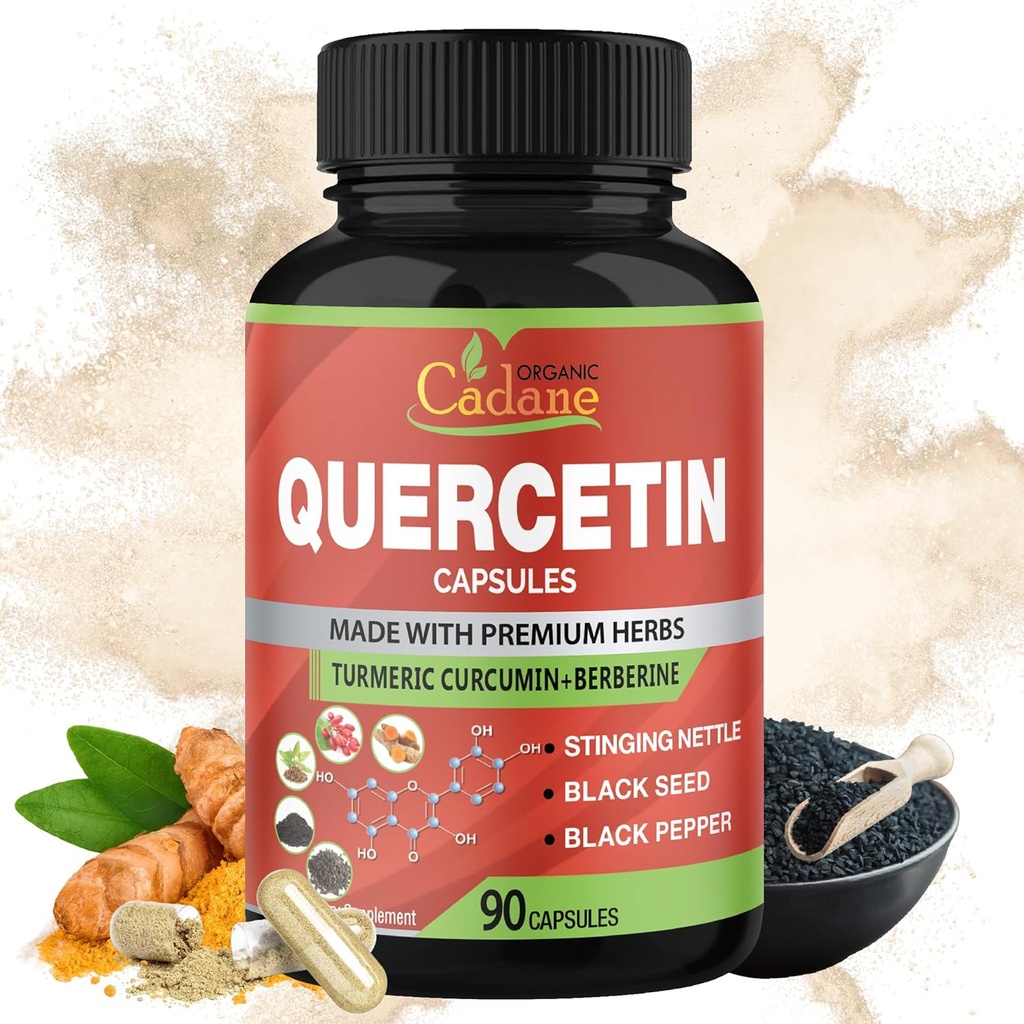 Organické Cadane Quercetin Extract Kapsle, 90 kapslí, 3 měsíce Dodávka s Quercetin, Kurkumin, Berberine, Nettle, Black Seed Powder, Black Pepper.