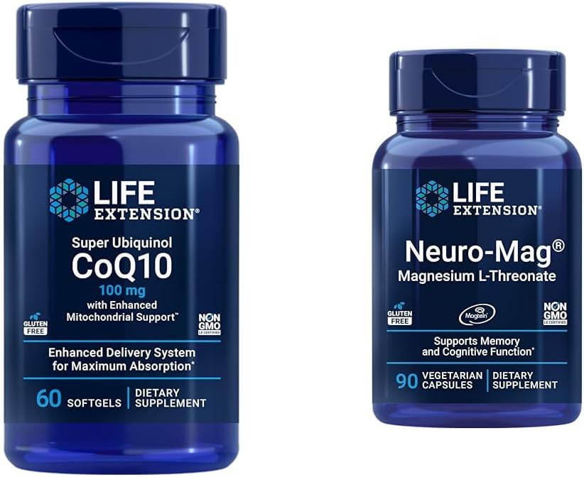 Life Extension Super Ubiquinol CoQ10 with Enhanced Mitochondrial Support & Neuro- mag Magnesium L- threonát, Magnesium L- threonát