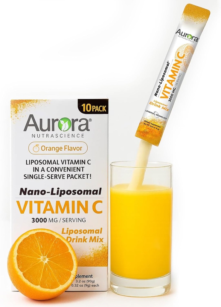 Aurora Nutrascience Nano- Pack Liposomální vitamin C Powder Drink Mix, imunitní podpora, vysoká síla 3000 mg per Serving 10 Jednorázové balíčky, oranžová