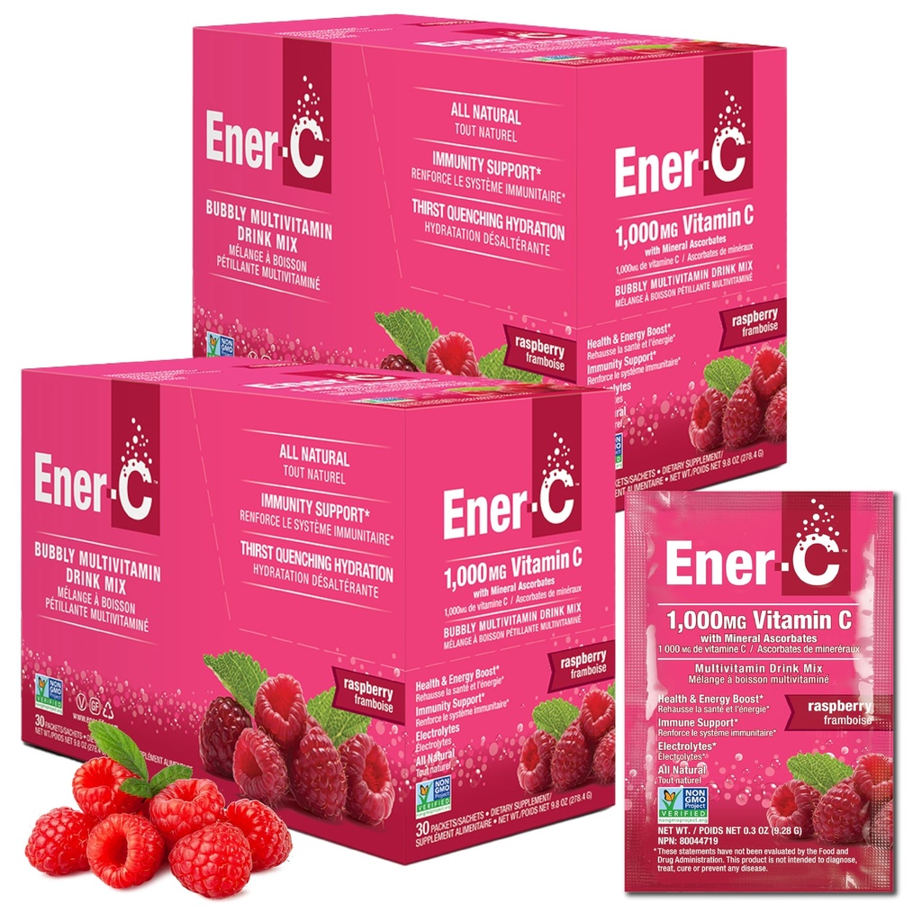 Ener- C Multivitamin Drink Mix - Vitamin Packets for Water, Electrolytes Powder Packets, Vitamin Drink Mix, Hydration Liquid Mix, Imunitní posilovač pro dospělé, Zdravá energie - Malina, 60 Počet