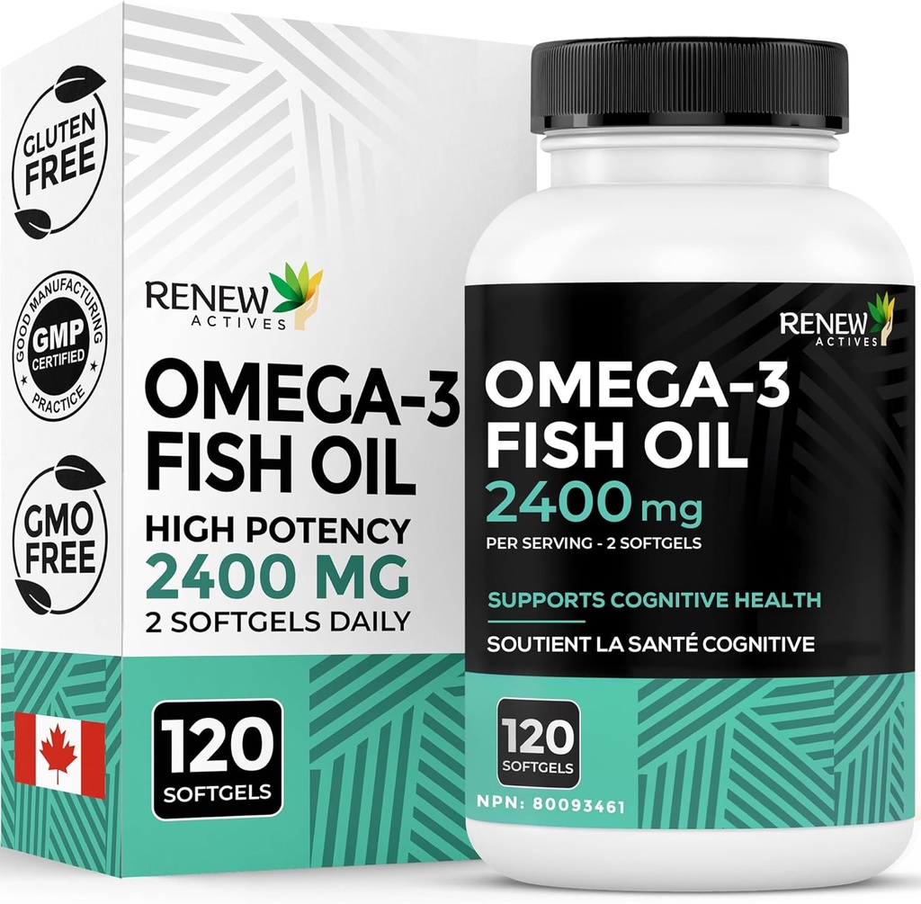 Rewew Actives Omega33 Fish Oil 2400MG per 2 Softgels - 720MG EPA & DHA - Podporuje srdce, mozek, oční zdraví, a Triglycerid Reduction - No Fishy After Taste - Made in Canada - 120 Softgels