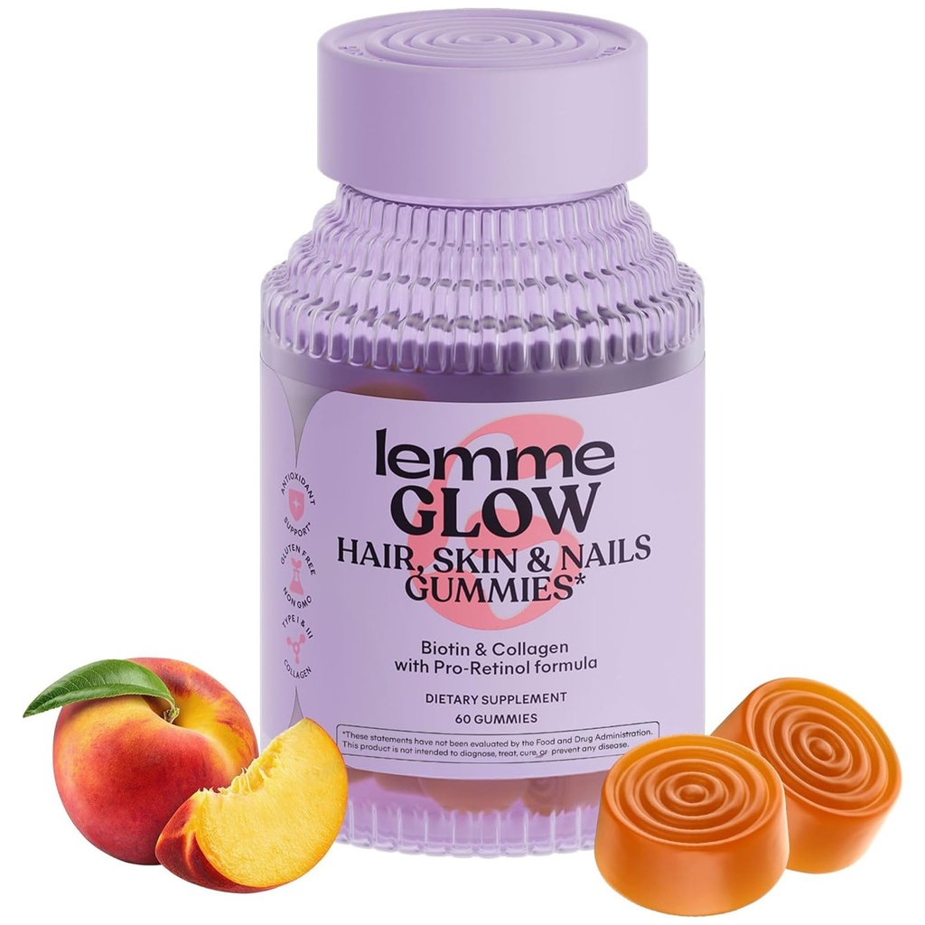 Lemme Glow kolagen gumies for Thick Hair, Strong Nails & Health Skin with Multi- Collagen Peptides, Biotin, Stopy Minerály, Zinek, Vitamíny A, C & E, Dairy & Gluten Free, Peach Flavor, 60 ct.