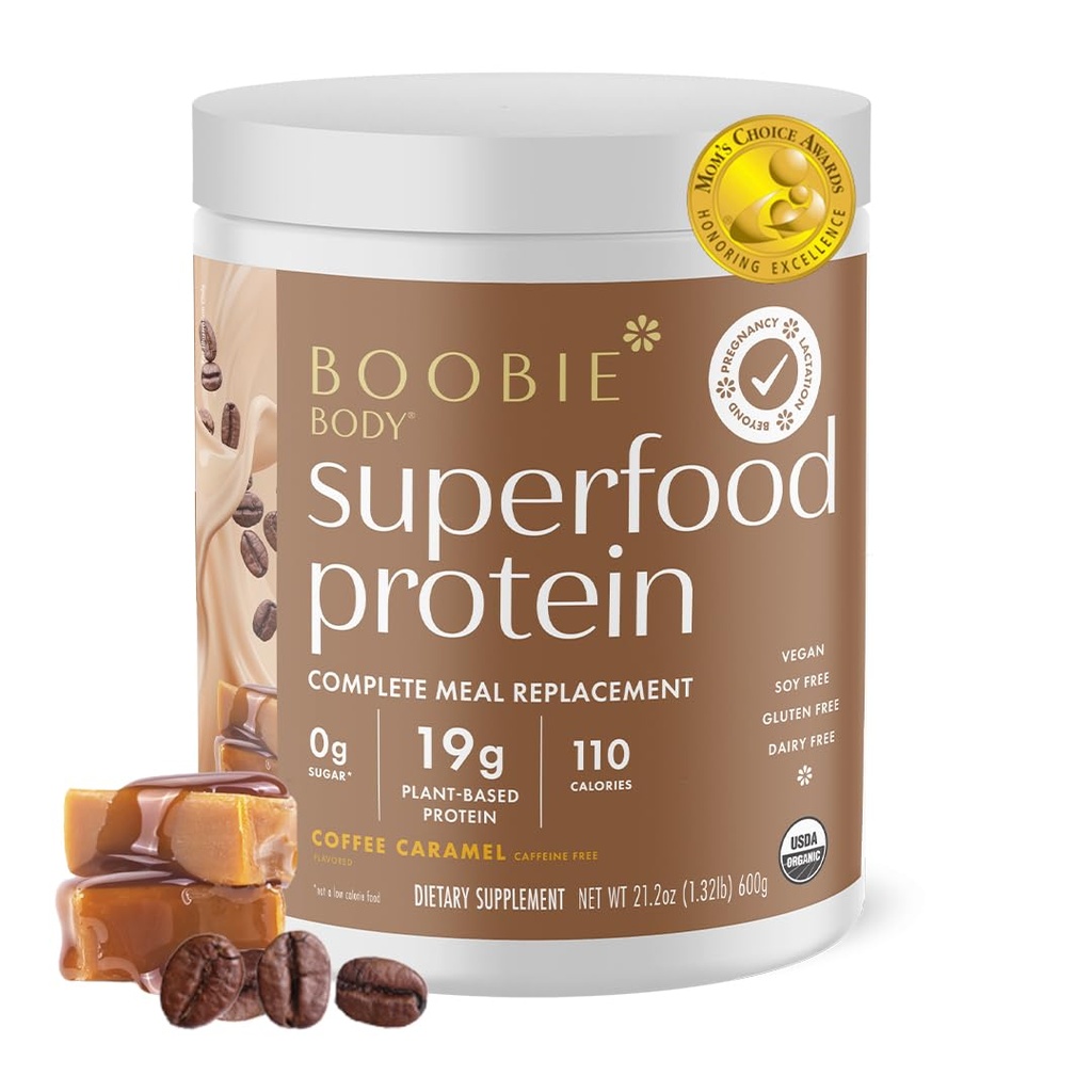 Boobie tělo superfood protein těhotenství a poporodní jídlo náhrada Shake, káva karamel Flavor 124; 19g protein 124; Bezpečné pro laktaci a mateřství 124; Organic, Vegan, Nulový cukr, 1 Tub (20 Služeb)