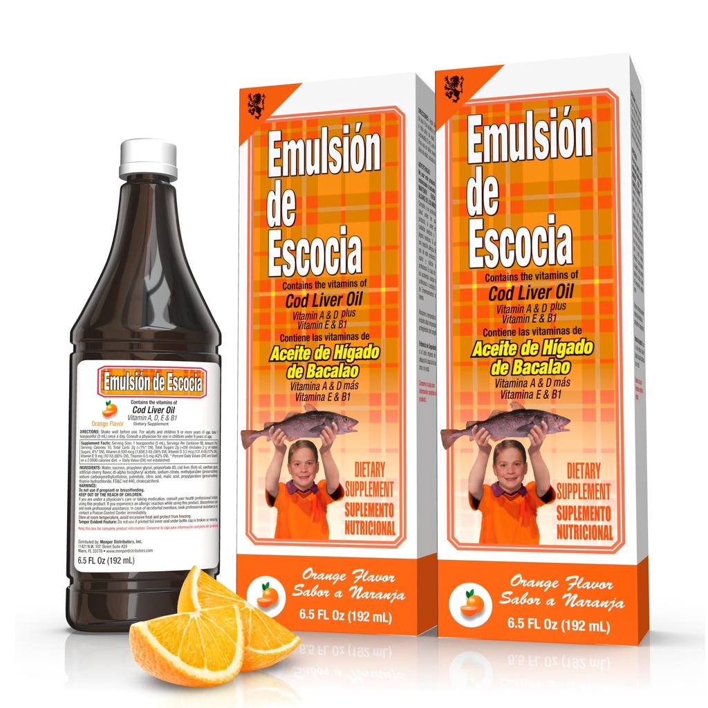 Emulsión de Escotia Cod Jaterní olej komplex s vitamíny A, D, E, B1 - Přírodní Orange Flavor doplněk stravy pro imunitní podporu a zdraví kostí - Essential Omega 3 Fish Oil - 6.5 oz (2-Pack)