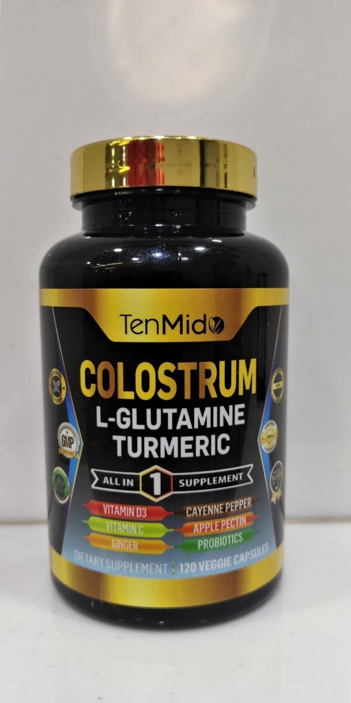 Colostrum dodatek - 10in1 Formule - Kombinace s L - glutamin, kurkuma, Cayenne Pepper, Apple Pectin, Probiotika, Zázvor, a další - Digestivní zdraví, Imunitní podpora - 120 Kapsle