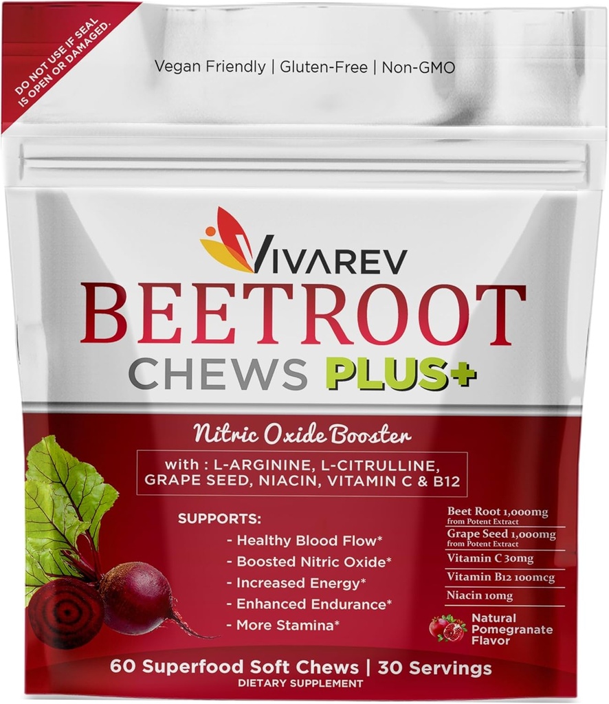 Doplněk k oxidu dusnatému Beetroot - 1000mg Beet Powder with L Arginine, L Citruline, Grape Seed Extract, Niacin, Vitamin C & B12 - Beet Chews - Balení 60