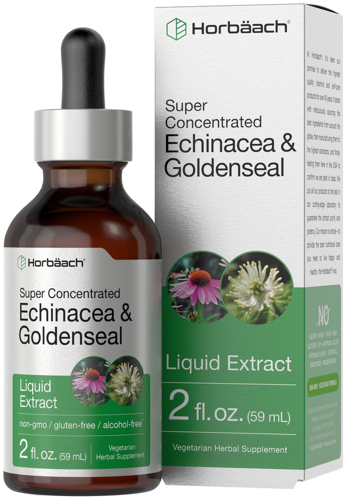 Horbäach Echinacea Goldenseal Liquid Tincture Kapky 124; 2 fl oz cr124; Alkohol Free Extract 124; Vegetarian, Non- GMO, gluten Free Supplement