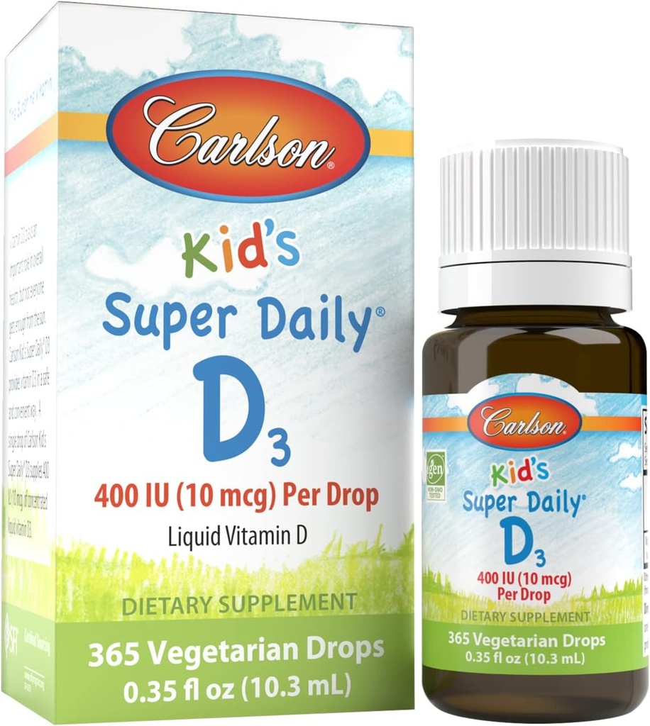 Carlson - Kid 's Super Daily D3, Kids Vitamin D Drops, 400 IU (10 mcg) per Drop, Heart Health, Imunitary Support, Vegetarian, Tekutý vitamin D Drops, Neochucené, 365 Drops