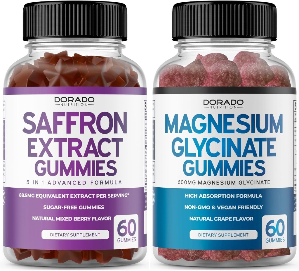 Saffron doplňky (60 Gummies) 5 v 1 Advanced Formula cukr zdarma Gummy - Delicious Raspberry Flavor a hořčík Glycinát (60 Počet) Čisté Glycinát Gummy pro dospělé - Non- GMO, Vegan & USA Made