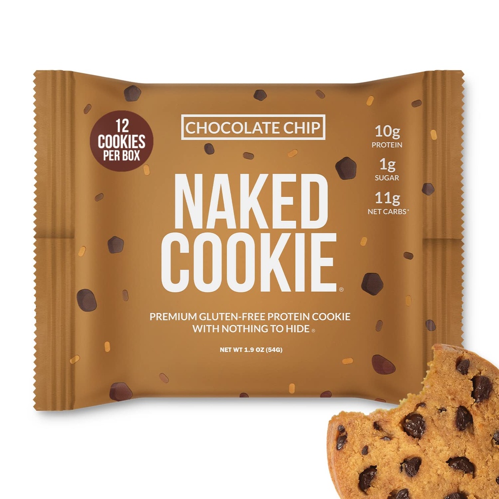 Naked Chocolate Chip Protein Cookies - Premium gluten- Free High Protein Cookies, Pouze 1G cukr, 6G Fiber, Žádné umělé sladkosti, Soy Free, No Gmos - 12 Pack