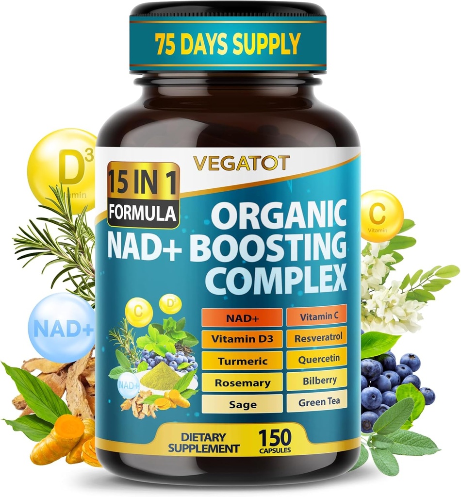 VEGATOT NAD + zvýšení komplexu - NAD doplňky pro ženy a muže 15-in-1 Formule s Resveratrol Turmeric Quercetin Rosemary Bilberry Sage Green Tea
