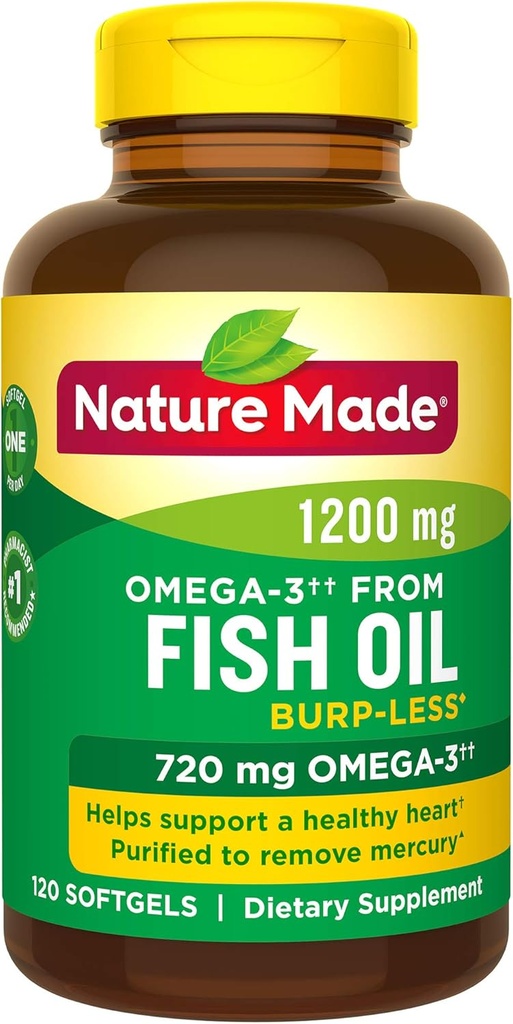 Burp- méně Fish Oil 1200 mg Jeden za den, 120 Softgels, Rybí olej Omega 3 dodatek pro srdeční zdraví