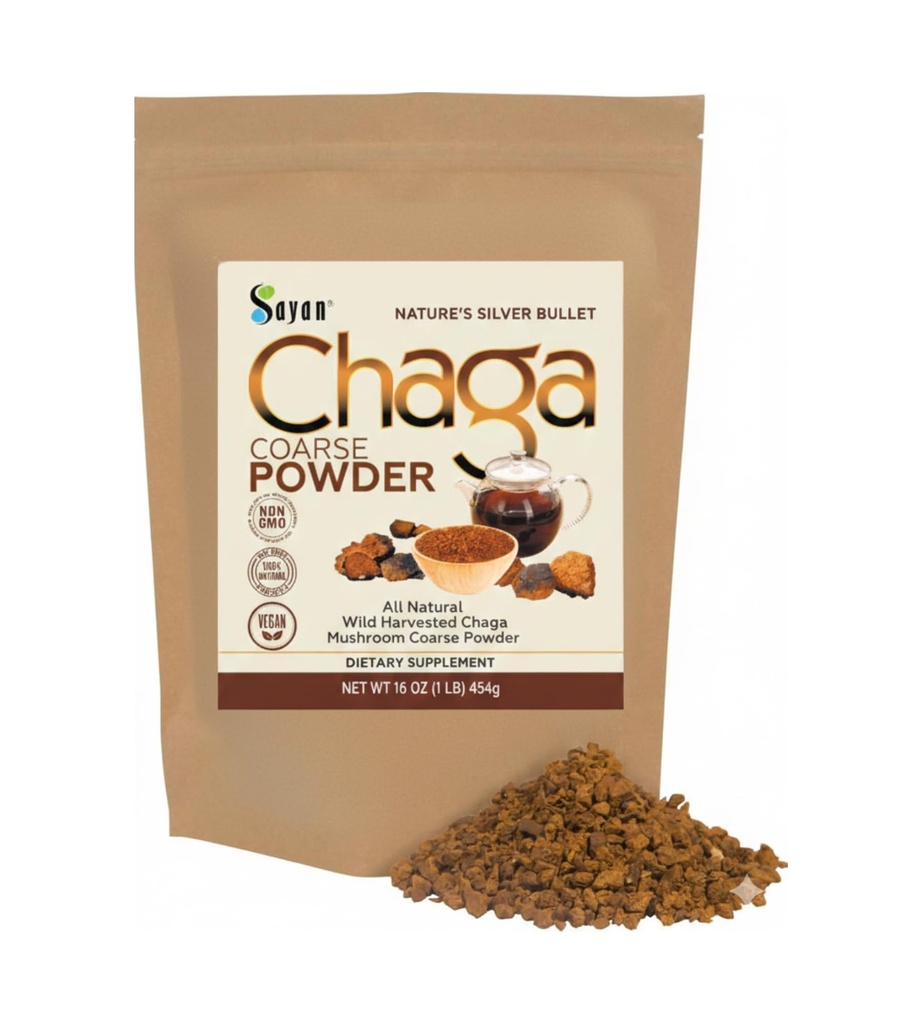 Sayan Sibiřský čistý syrový chaga prášek 1lb / 454g - Premium Wild Forest Harvested Super Antioxidant Tea - Podporuje imunitní systém a stravitelné zdraví - Focus, Energy, Clarity, Wellness - Non- GMO
