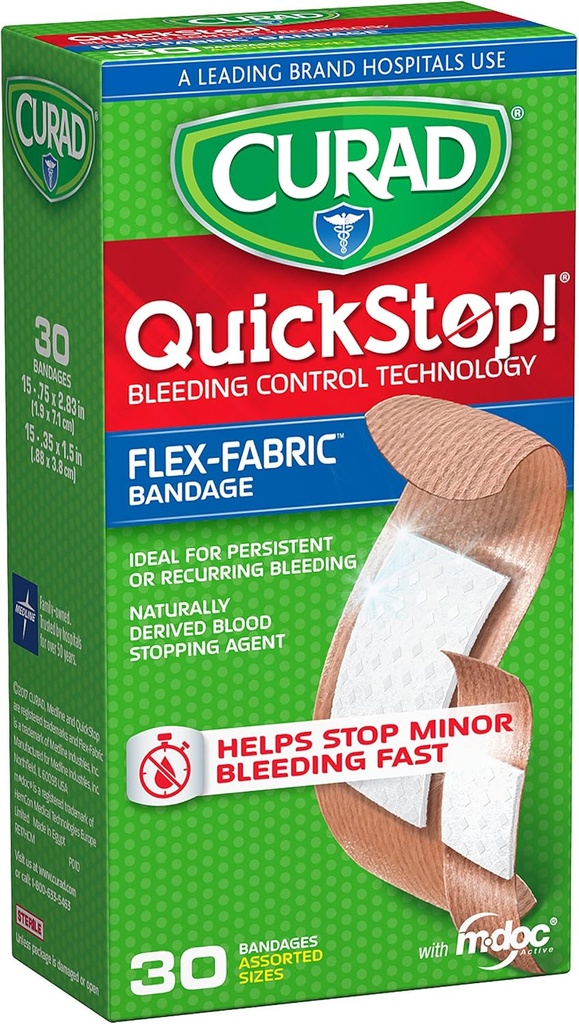 CURAD QuickStop bleeding Control Flexible Fabric Bandages, Asried Velikosti, 30 Počet