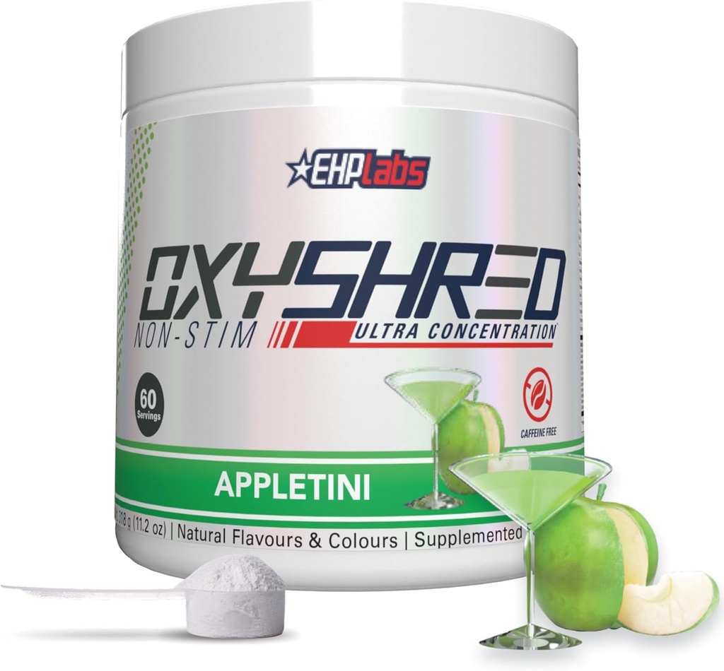 EHP Labs OxyShred Non Stimulant Pre Workout Powder - Stim Free Pre Workout, Kofein Free Prework pro muže a ženy s L glutamine & Acetyl L Carnitin - Apple, 60 Servings