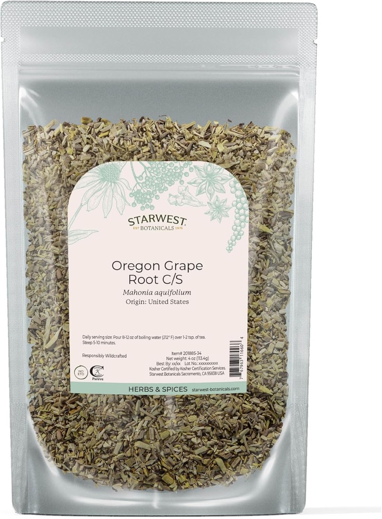 Starwest Botanicals Oregon Grape Root Wildcrafted - Sušený Loose Herb pro čaj, tinktury, kapsle, & Salves, přírodní wellness pro ženy a muže, Cut & Seinted, Certified Kosher, Non- GMO - 4 oz Pouch