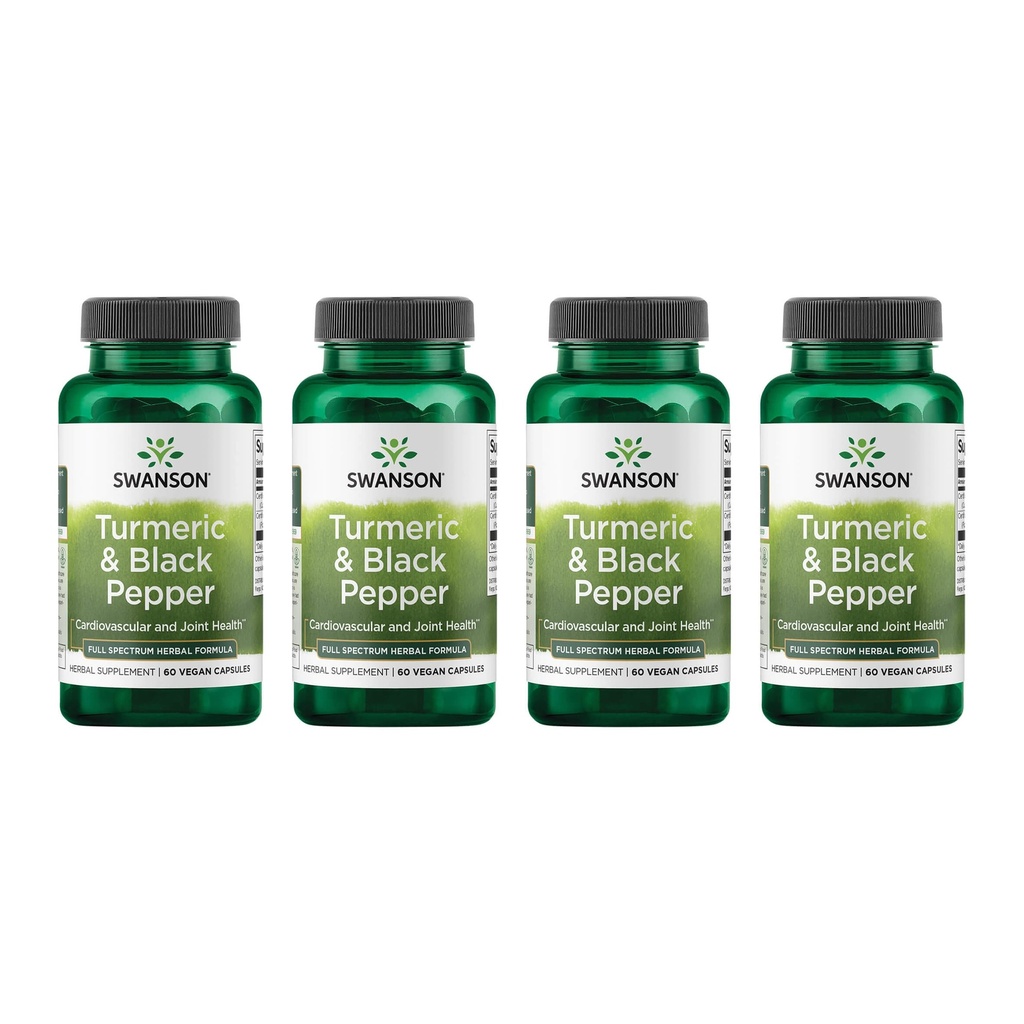 Swanson Turmeric & Black Pepper - Organic Joint Health, Heart Health, Digestion, & Játra Supplement - Přírodní vzorec pro zlepšení biologické dostupnosti a absorpce - (60 Veggie Kapsle) 4 Pack