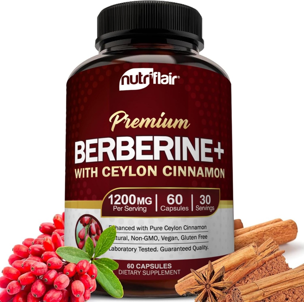 NutriFlair Premium Berberine HCL 1200mg, 60 Kapsle - Plus Čistá pravda Cejlon Skořice, Doplňkové pilulky, Podpora imunitního systému