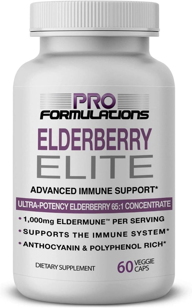 Pro aplikace - Elderberry Elite - Nejsilnější dostupný Elderberry Extract 65: 1 - Pokročilé imunitní podpůrné kapsle - 60 ct - 1000 mg na porci - Vegetariánské, žádné umělé barvy nebo aromata