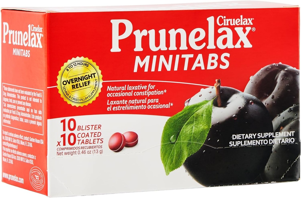 Prunelax Ciruelax Pravidelná síla Laxative Mini tablety - noční Relief pro příležitostné zácpy, Senna Extract, Vegan & gluten- Free, Gentle Relief - 100ct