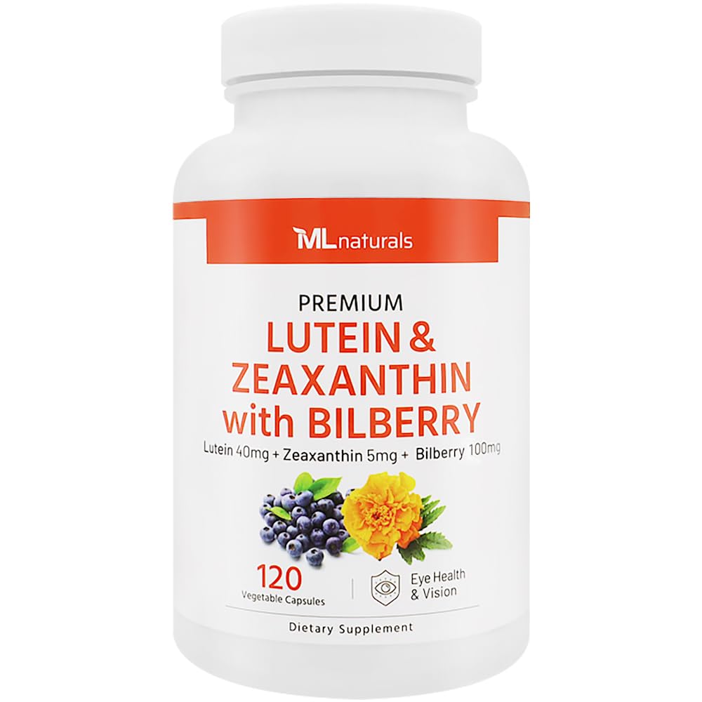 ML Naturals Premium Lutein & Zeaxanthin s Bilberry 120 Zeleninové kapsle. Lutein 40 mg, Zeaxanthin 5 mg a Bilberry 100 mg. Premium Quality. Zdravé oči & vize, NSF- Certifikované & cGMP- Compliant
