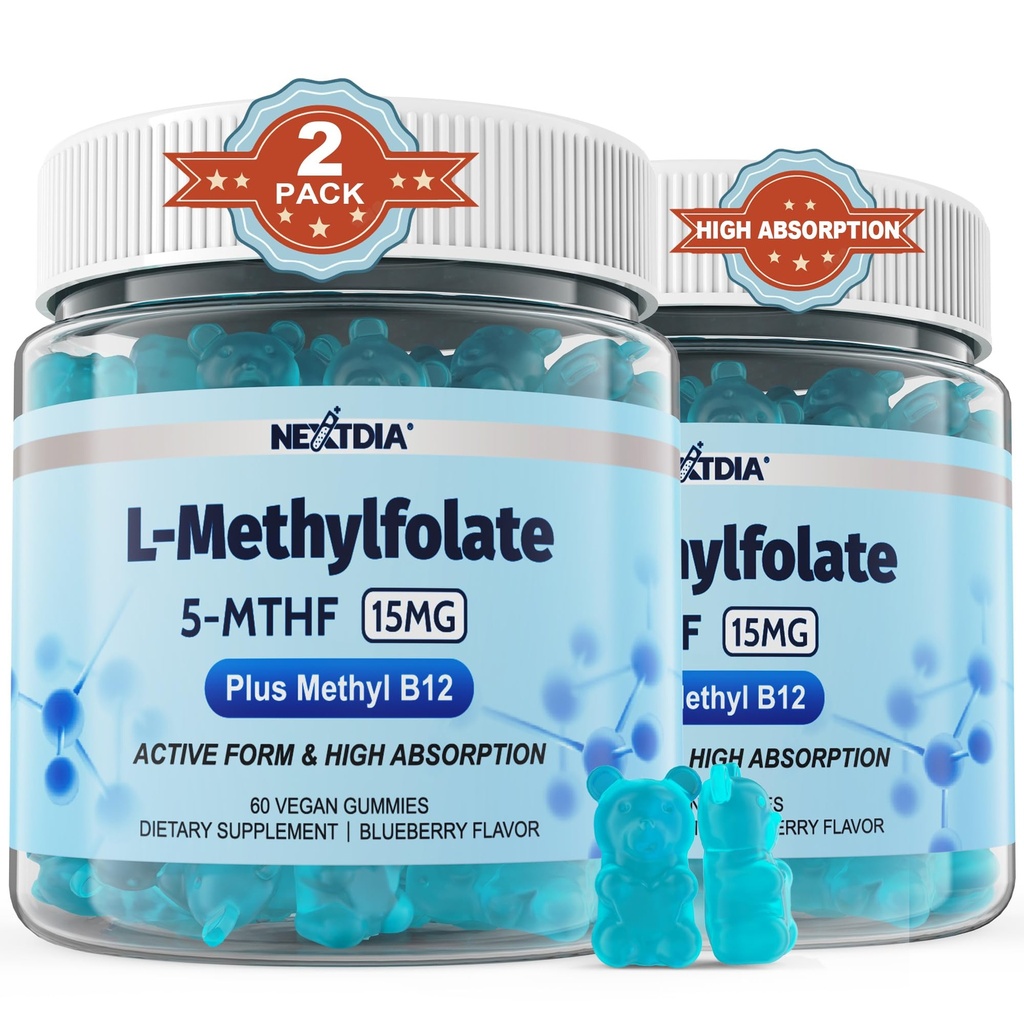 L-methylfolát 15 mg & methyl B12 Gummie, Methylovaný B1, B2, B6 Multivitaminy - Aktivní 5-MTHF & High Absorpce - Podporuje MTHFR Gene, Cognition, Homocysteinové hladiny, Folátový metabolismus, Vegan, 120 Cts