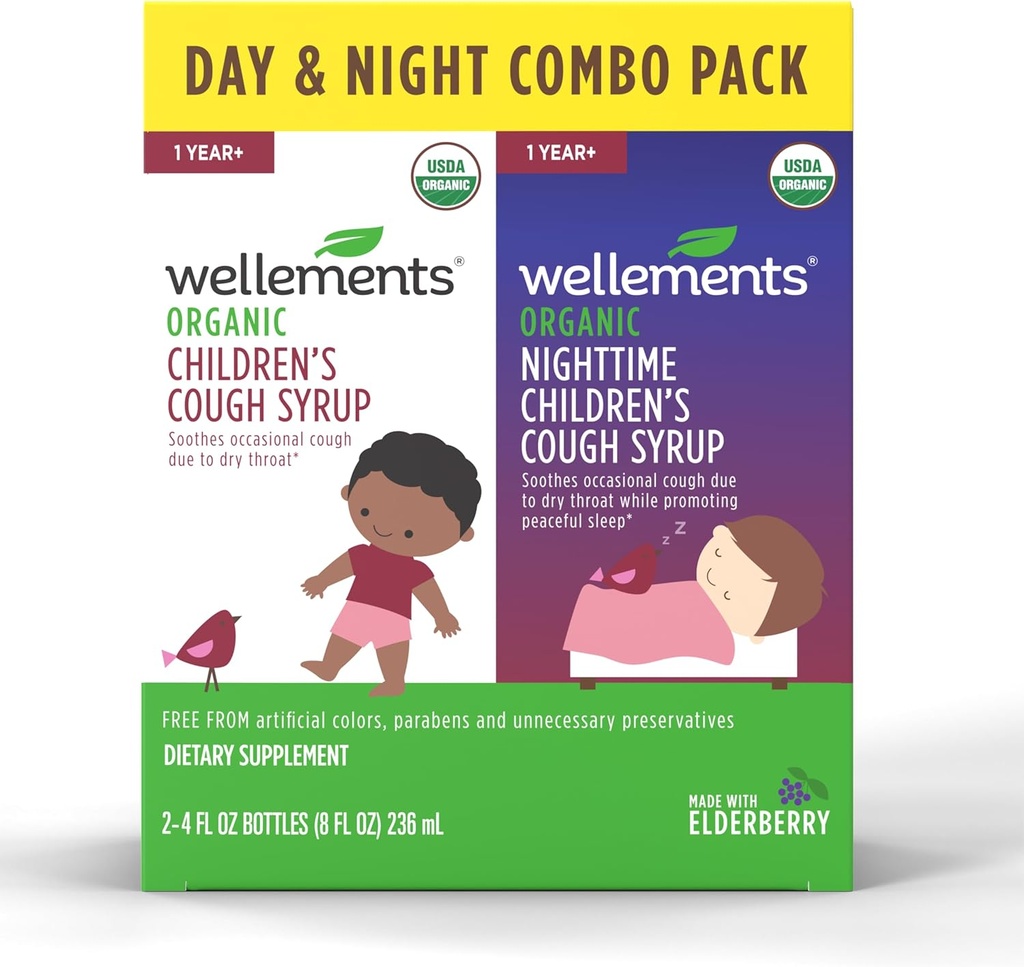 Vyhovuje organický den & Nighttime Dětský kašel Combo Syrup 124; Soothing Daytime & Nighttime Cough Relief USDA Organic Affair124; Value Pack (2) 4 Fl Oz. Láhve, 1 rok +