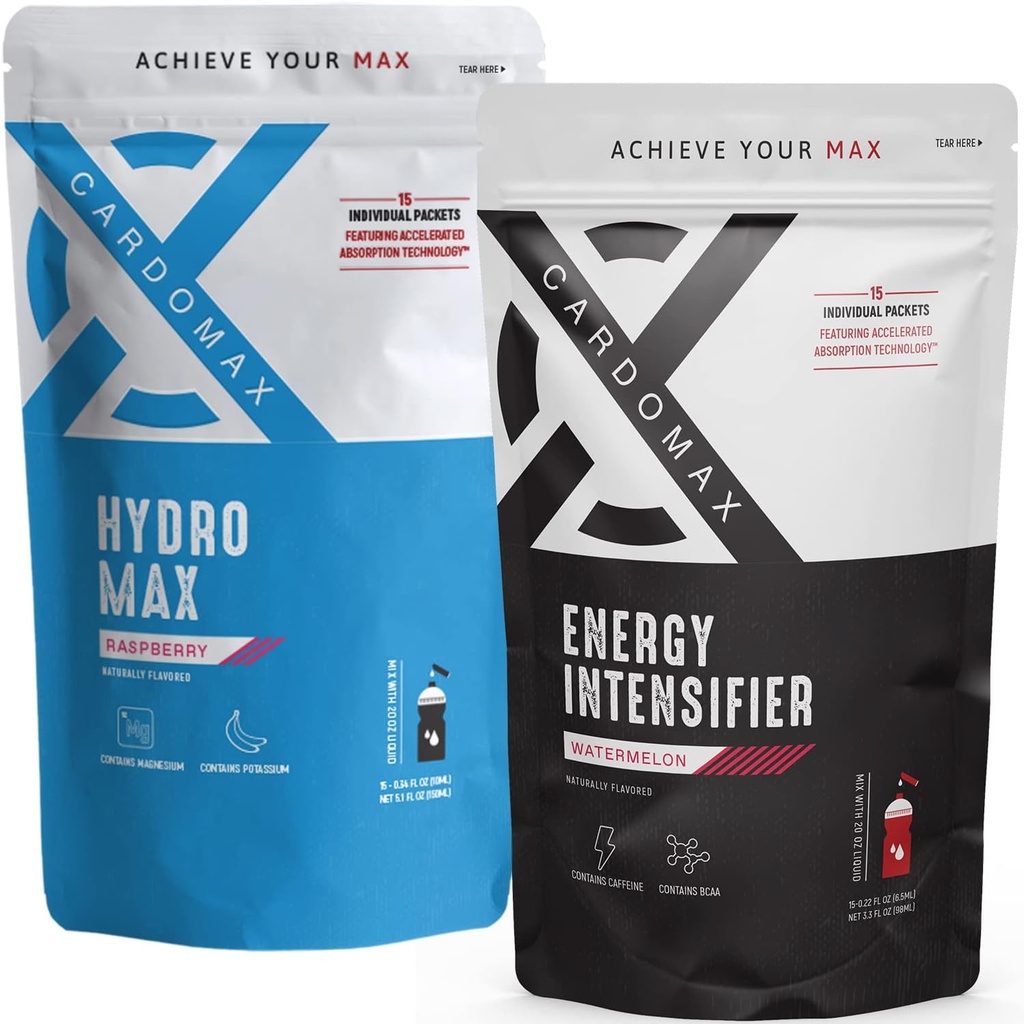 CardoMax - Energy Intensifier (Vodní meloun) & Hydromax Liquid Hydration (Raspberry) 30 Packet Bundle