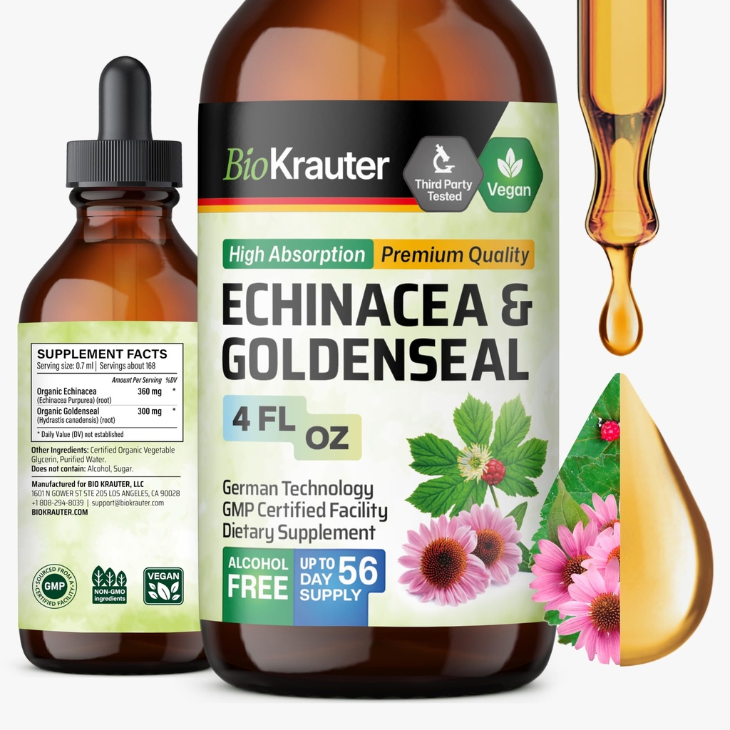 BIO KRAUTER Echinacea and Goldenseal Root Liquid Extract - Natural Immunication Support - Echinacea Drops with Goldenseal - Vegan, Alkohol & Cukr zdarma tinktura - 4 Fl.Oz.