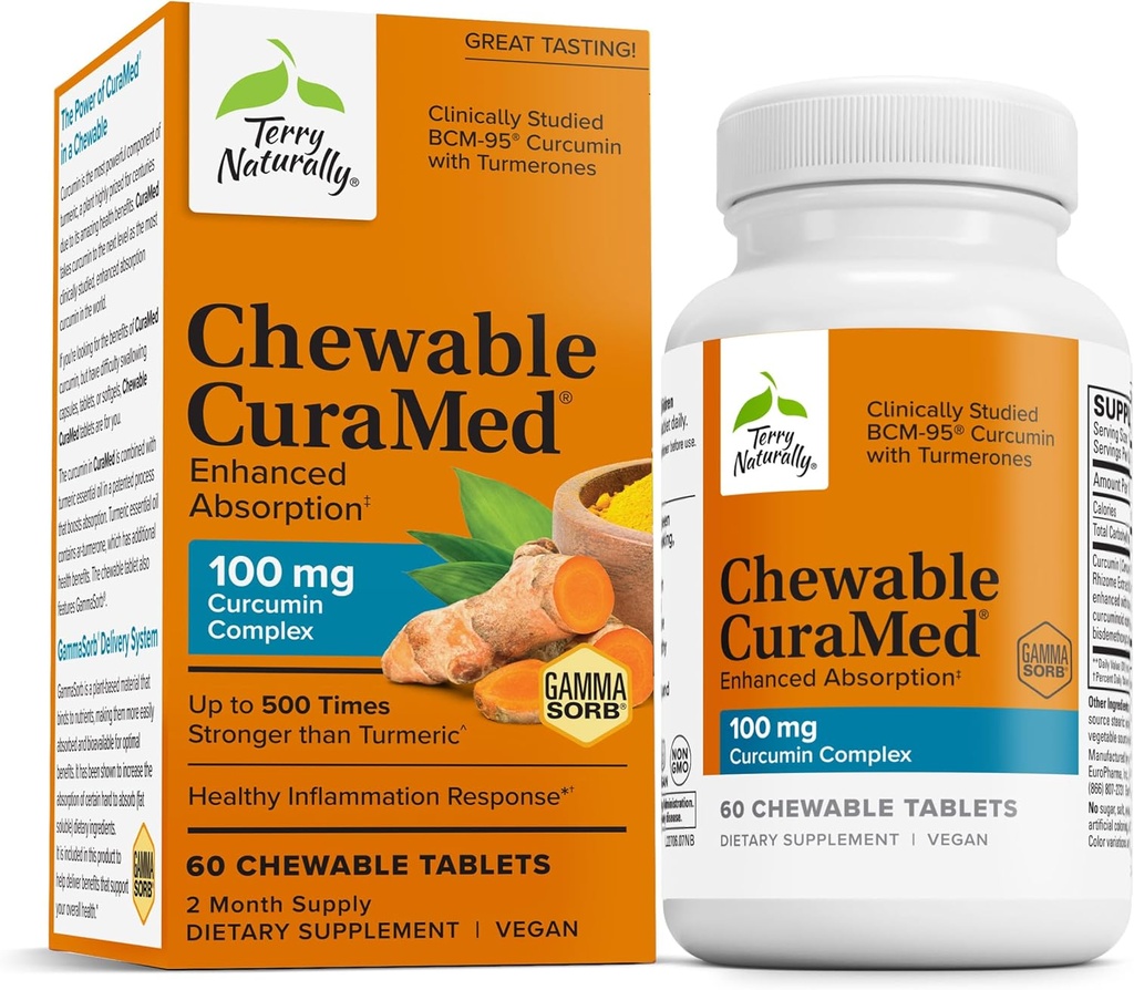 Terry Přirozeně CuraMed 100 mg Curcumin Complex - Enhanced Absorption Curcumin Supplement with Turmeric - Brain & Játra Health Supplement - Veganský dietní dodatek - 60 Žvýkací tablety