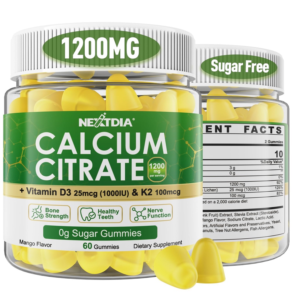 Citrát vápenatý Gummies 1200mg s vitaminem D3 K2, Žvýkací vápník doplňky pro ženy a muže, vysoce potentní podpora B0ne, Te * th, síla a imunitní zdraví, Mango Flavor, Non- GMO, cukr zdarma, 120 Cts