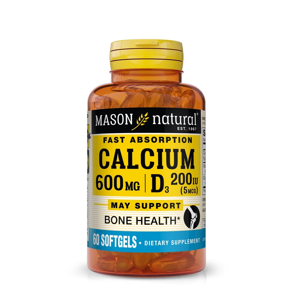 MASON NATURAL Rychlá absorpce vápníku s vitaminem D3 - Posílení svalové funkce, podporuje zdravé kosti a celkové zdraví, 60 Softgels