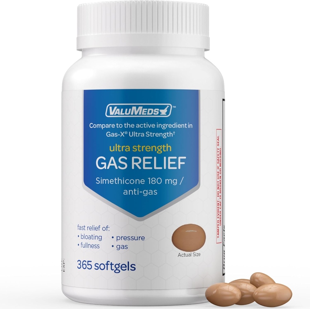 ValuMeds Gas Relief pro dospělé Simethicone current 124; Relieve Bloating, Pain, Discomfort, and Irestrictural 124; Porovnat s aktivní složkou v PHAZYME a Gas-X (365 Count - 180mg)
