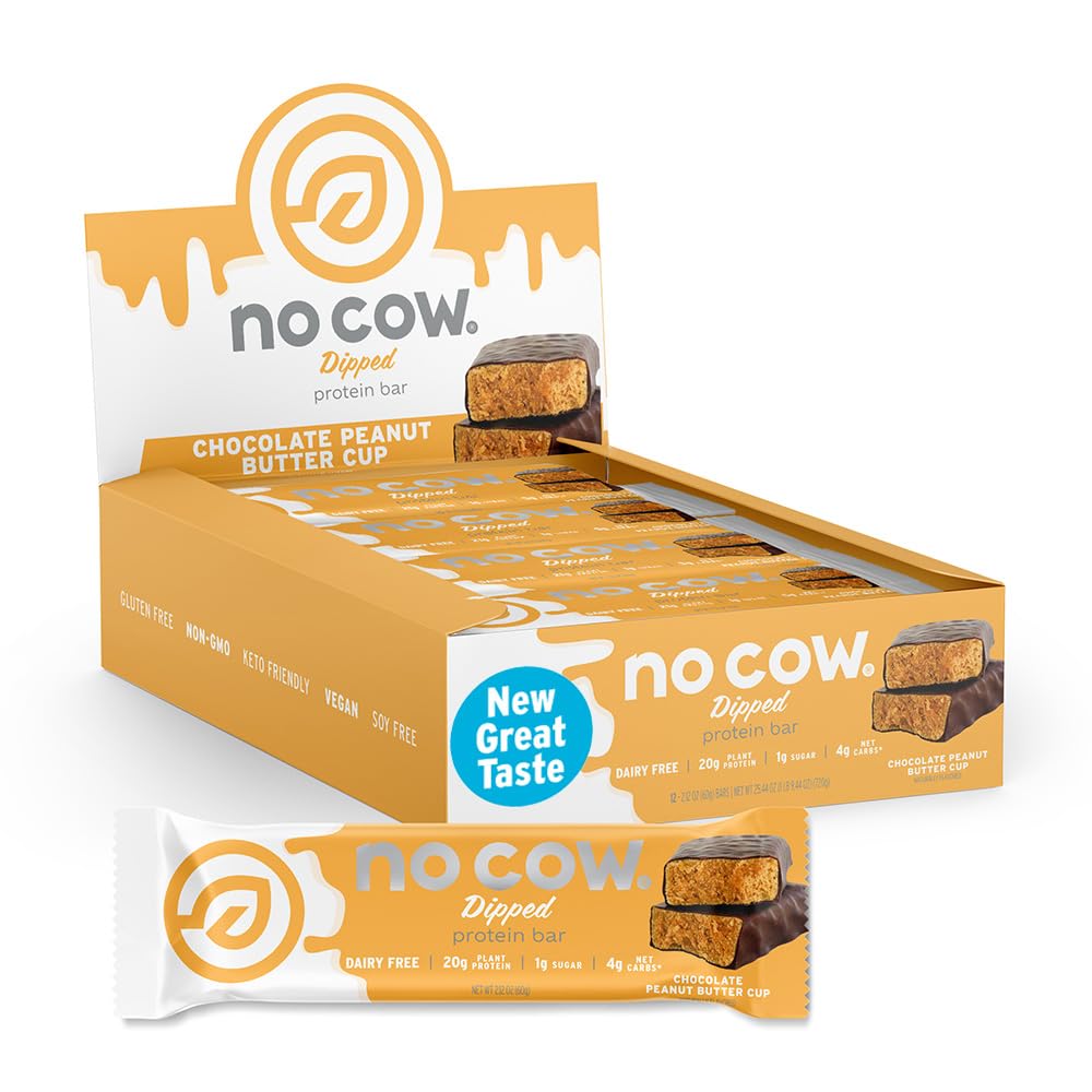 No Cow Vegan Protein Bars, Upgraded arašídové máslo Cup 124; 20g Plant Based Protein, Gluten Free, Dairy Free, Soy Free, Keto Friendly, Nízký cukr, High Fiber Snack Bary 124; Balení 12