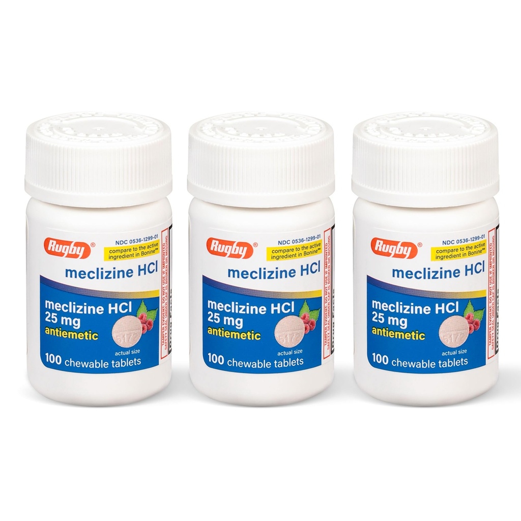 Rugby Meklizin Žvýkací tablety 25 mg - Anti- Nausea medicína pomáhá s pohybovou nemocí - 100 Počet (3 Pack)
