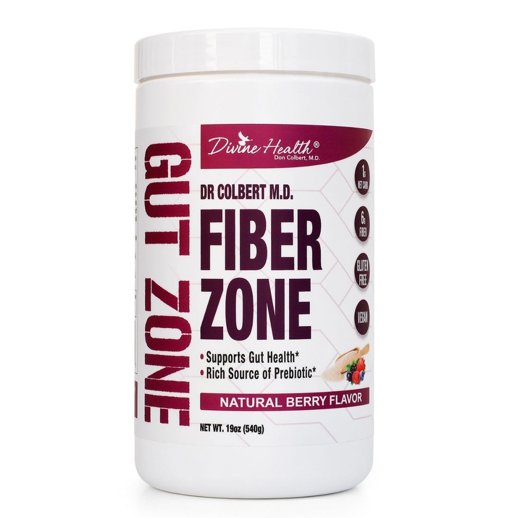Divine Health Dr. Colbert, MD Fiber Zone Powder 124; Berry Flavor Prebiotics CLANE124; 6g Psyllium Husk & Inulin Fiber CLANE124; Doporučeno v Zdravé Gut Zone Book 124; 19 oz CLANE124; 60 Servings