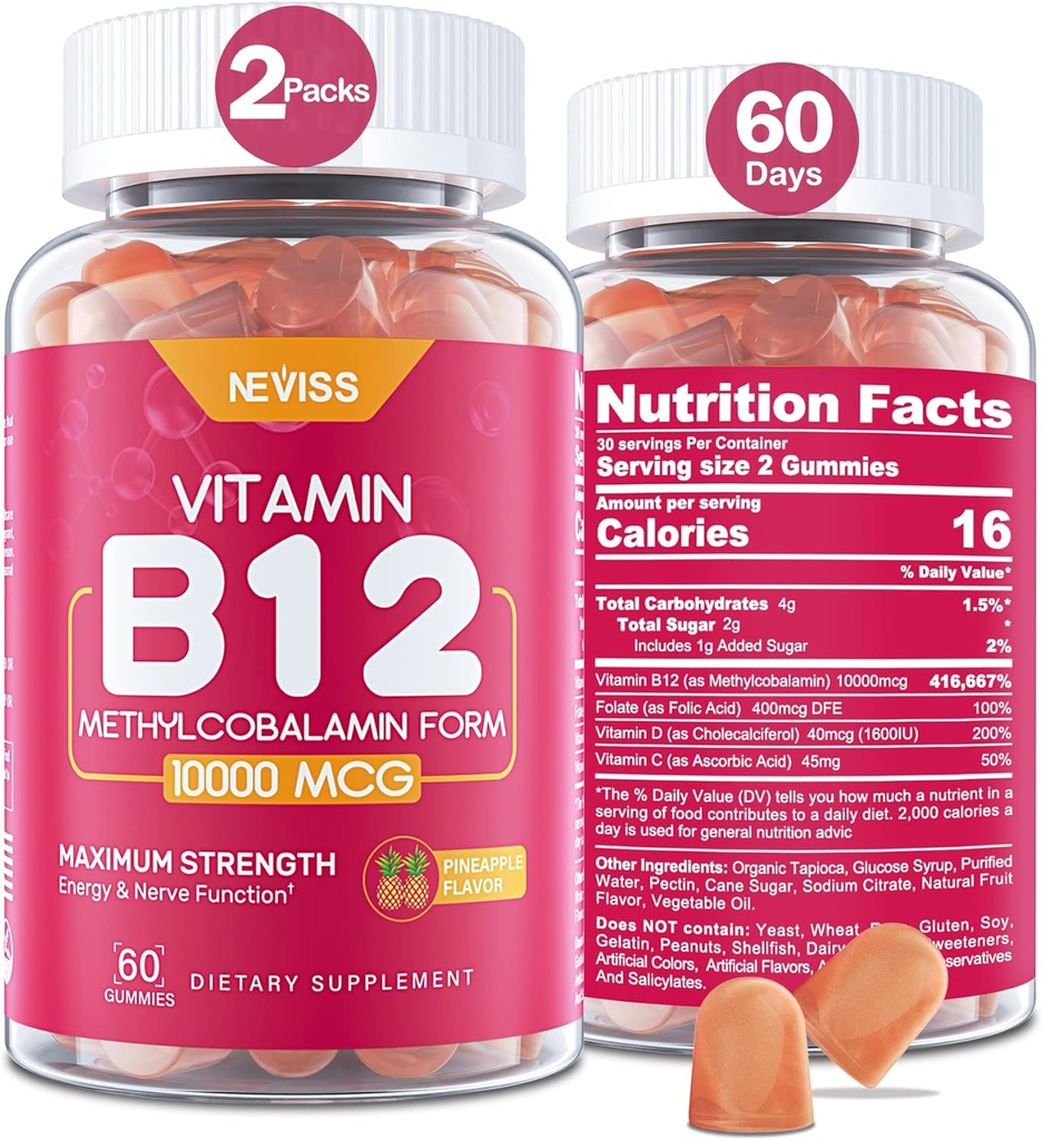 NEVISS Vitamin B12 10000 mcg (methyl B12) Gummie s vitaminem D3, B9 Vitamin folát, Vitamin C, pro energetickou podporu & metabolismus, nervový systém, silná kost, imunitní podpora, nízký cukr, 120 Počet