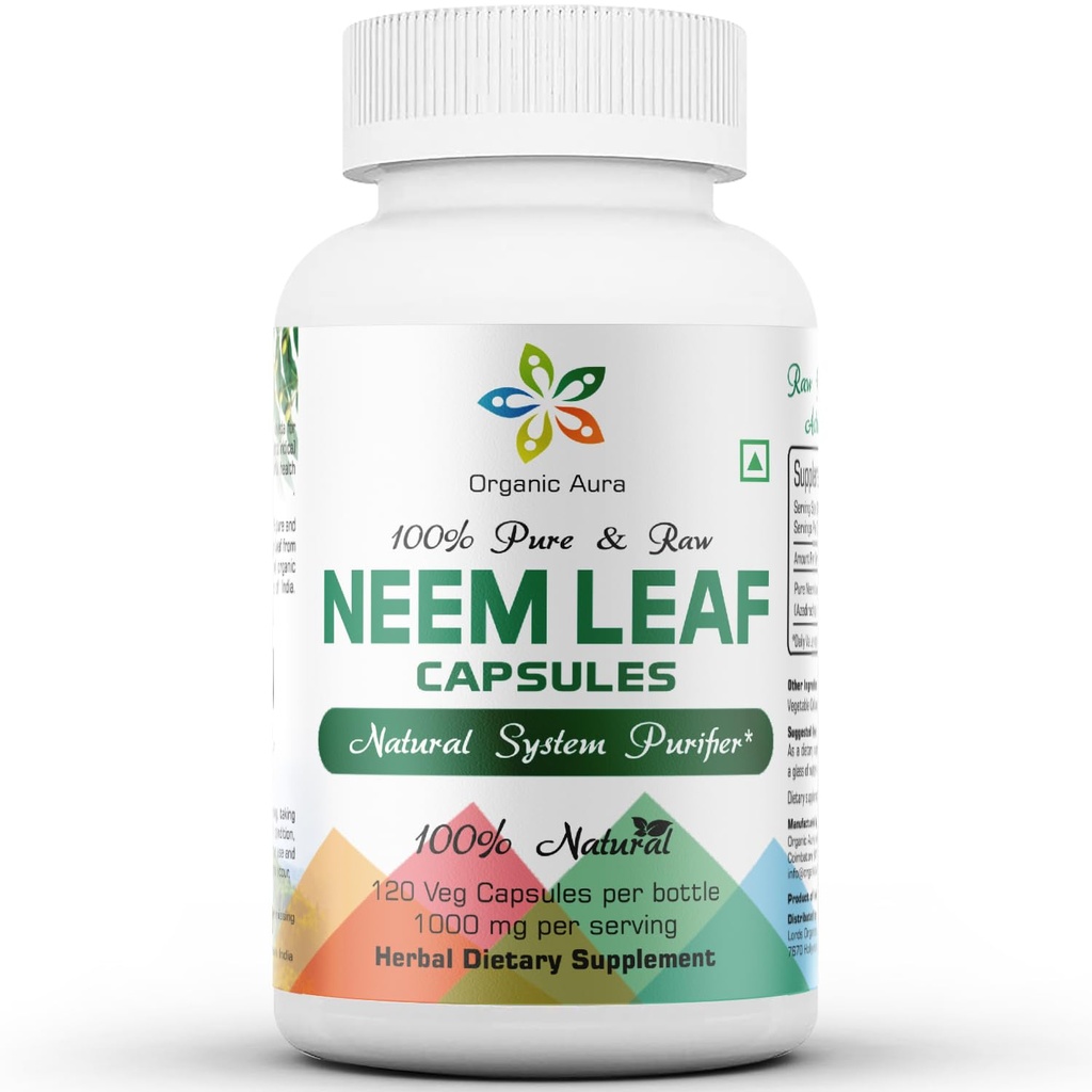 Organic Aura Neem Kapsle. 100% čistý a silný. Syrové zelené celé superjídlo. Vyrobeno z celého Spectrum Neem Leaves. Zázrak detoxikující agent, zářivá kůže a imunita.