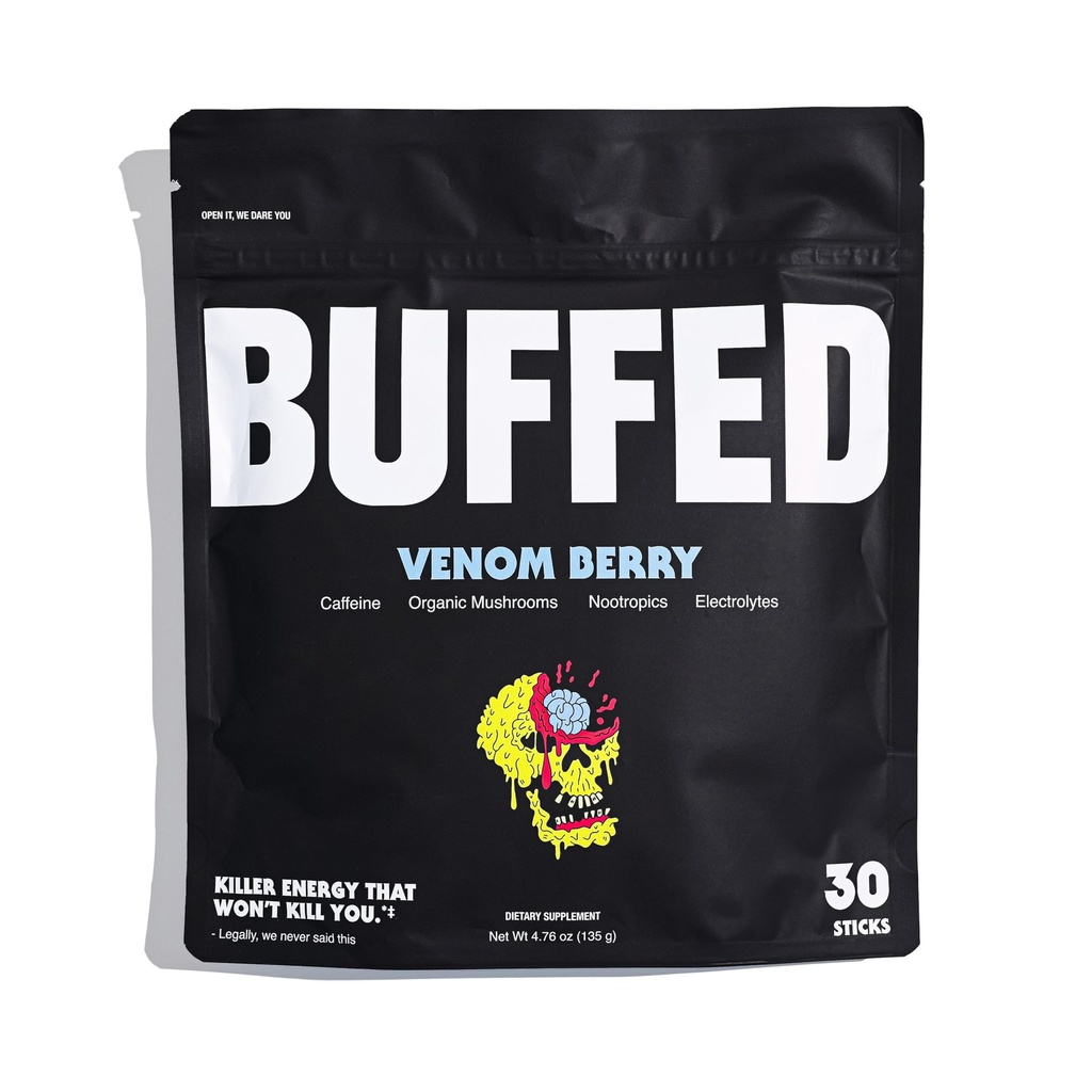 Energy Powder Stick Packs, Drink Mix 124; Clean, Zdravý Boost Balení 124; 150mg Kofein + Hydratace 124; Nootropics, Organické houby, B-Vitamíny, Elektrolyty 124; 30 Pack-Venom Berry
