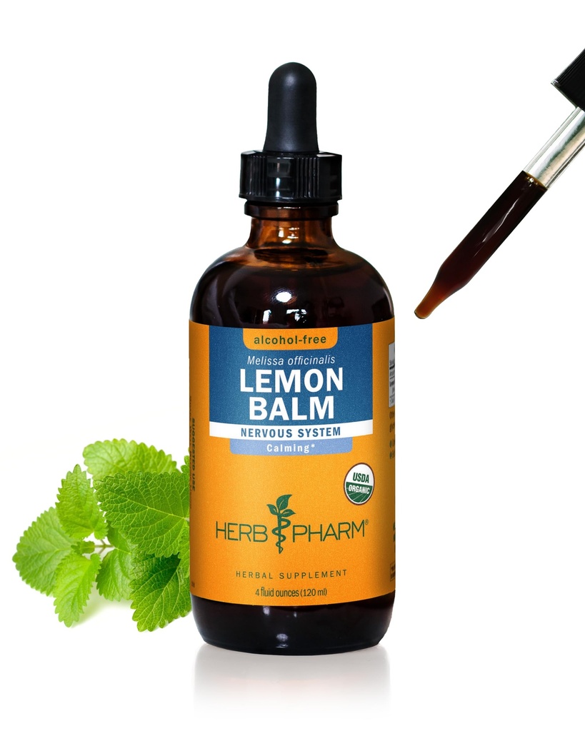 Herb Pharm Certified Organic Lemon Balm Liquid Extract for Calming Nervous System Support, Alcohol- Free Glycerite, 4 Ounce