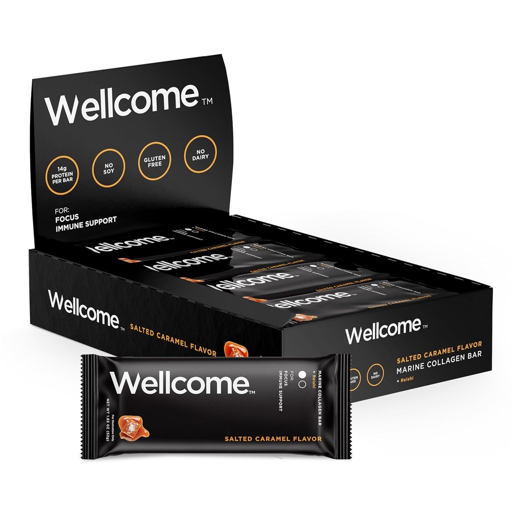 Welcome Salted Caramel Marine Kolagen Protein Bar s Reishi Houba pro energii a imunitní podporu - Adaptogenní Snack Bar - Dairy Free Health Bar pro funkční aktivní životní styl (Pack of 12)