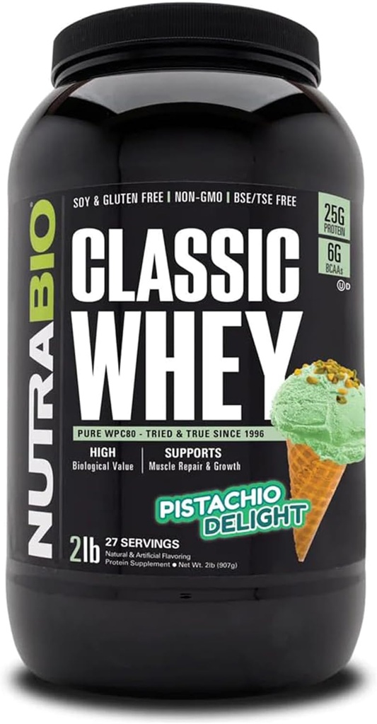 NutraBio Classic Syrovátkové bílkoviny Powder- 25G Protein Per Scoop - Full- Spectrum Amino Acid Profile - No Fillers, Umělé barvy, Konzervativa - (Pistachio Delight, 2 litry)